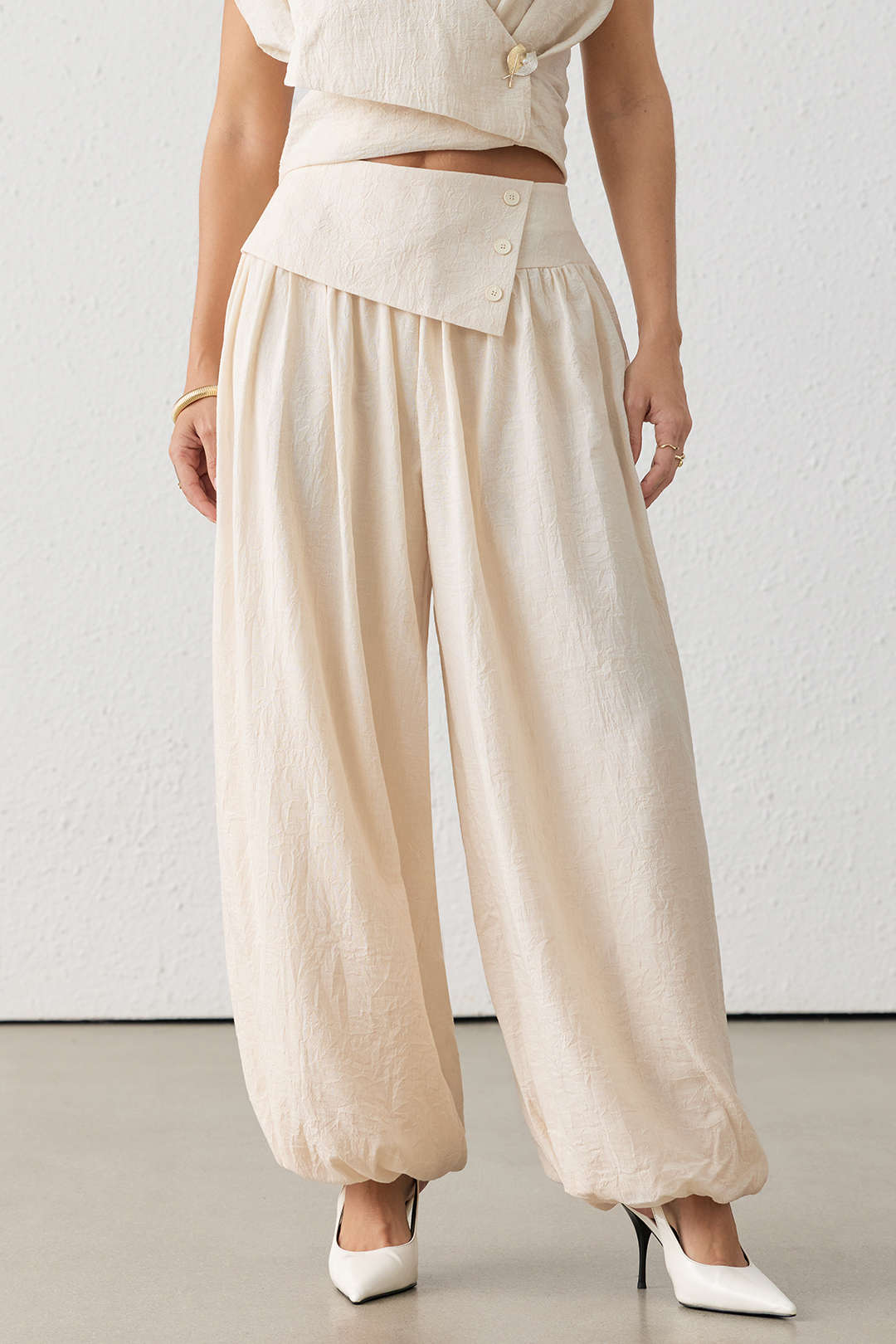 "Asymmetrical Button Ruched Wide Leg Pants"