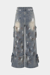 "Denim Graffiti Print Ziper Pocket Straight Leg Jeans"