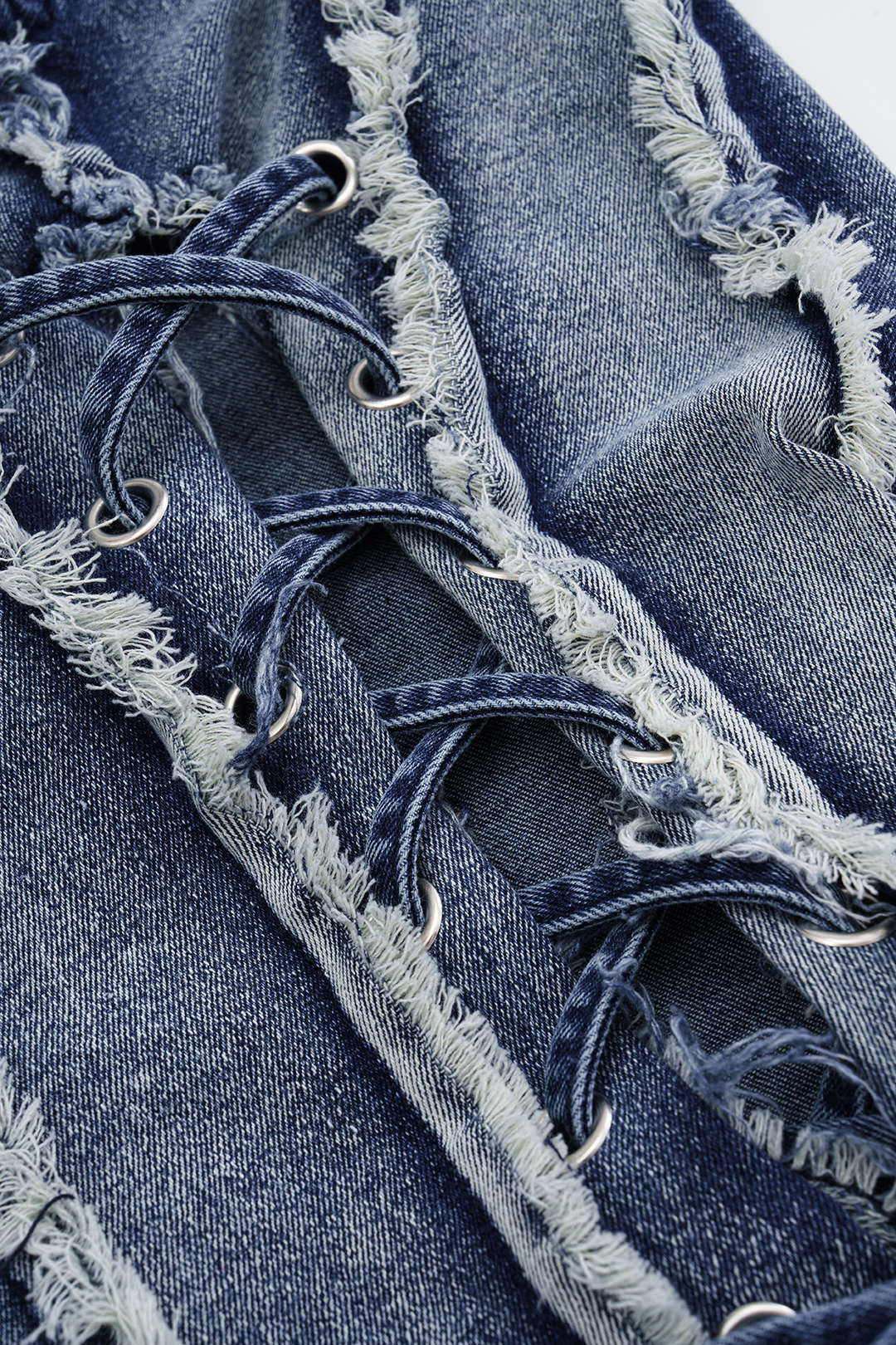 "Asymmetric Frayed Denim Mini Dress"