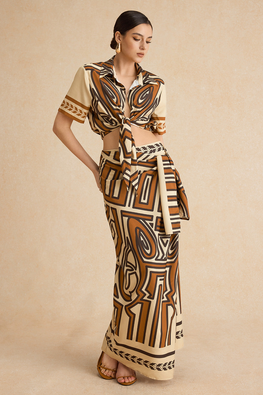 "Bohemian Print Tie Front Short-Sleeve Shirt"