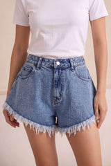 "Denim Frayed Wide Leg Shorts"