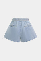 "Denim Belted High Waist Pleated Wide Leg Shorts"