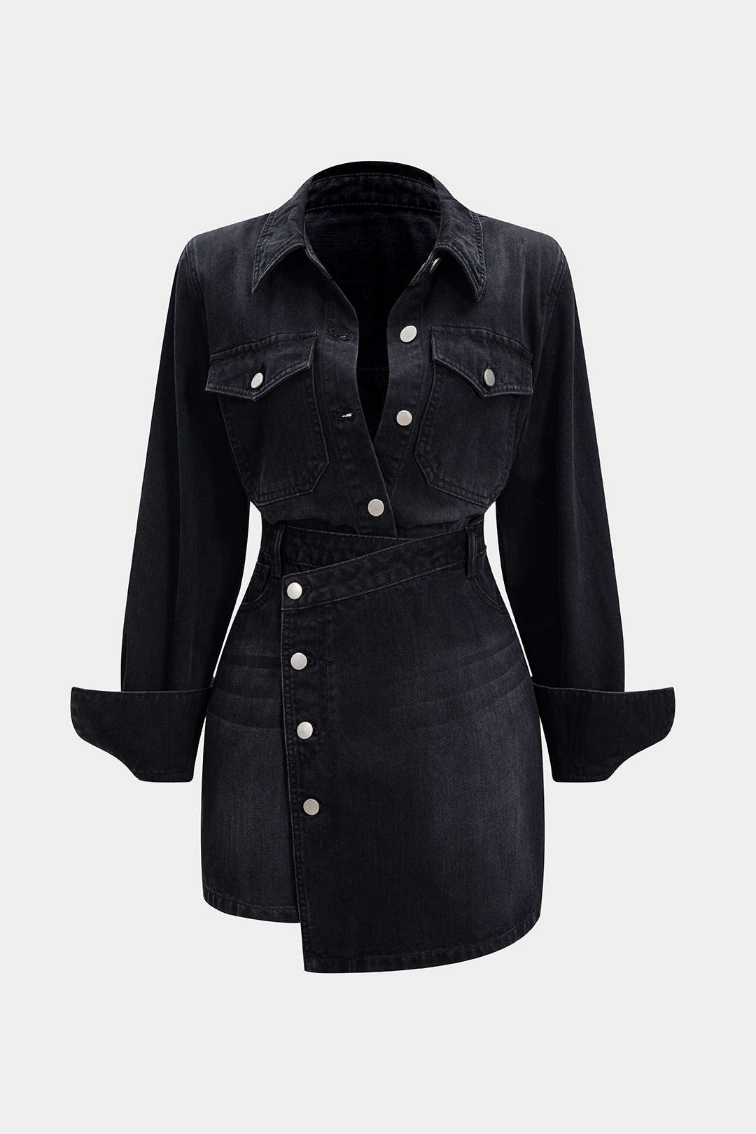 "Denim Button Long-Sleeve Top And High Waist Mini Skirt Set"