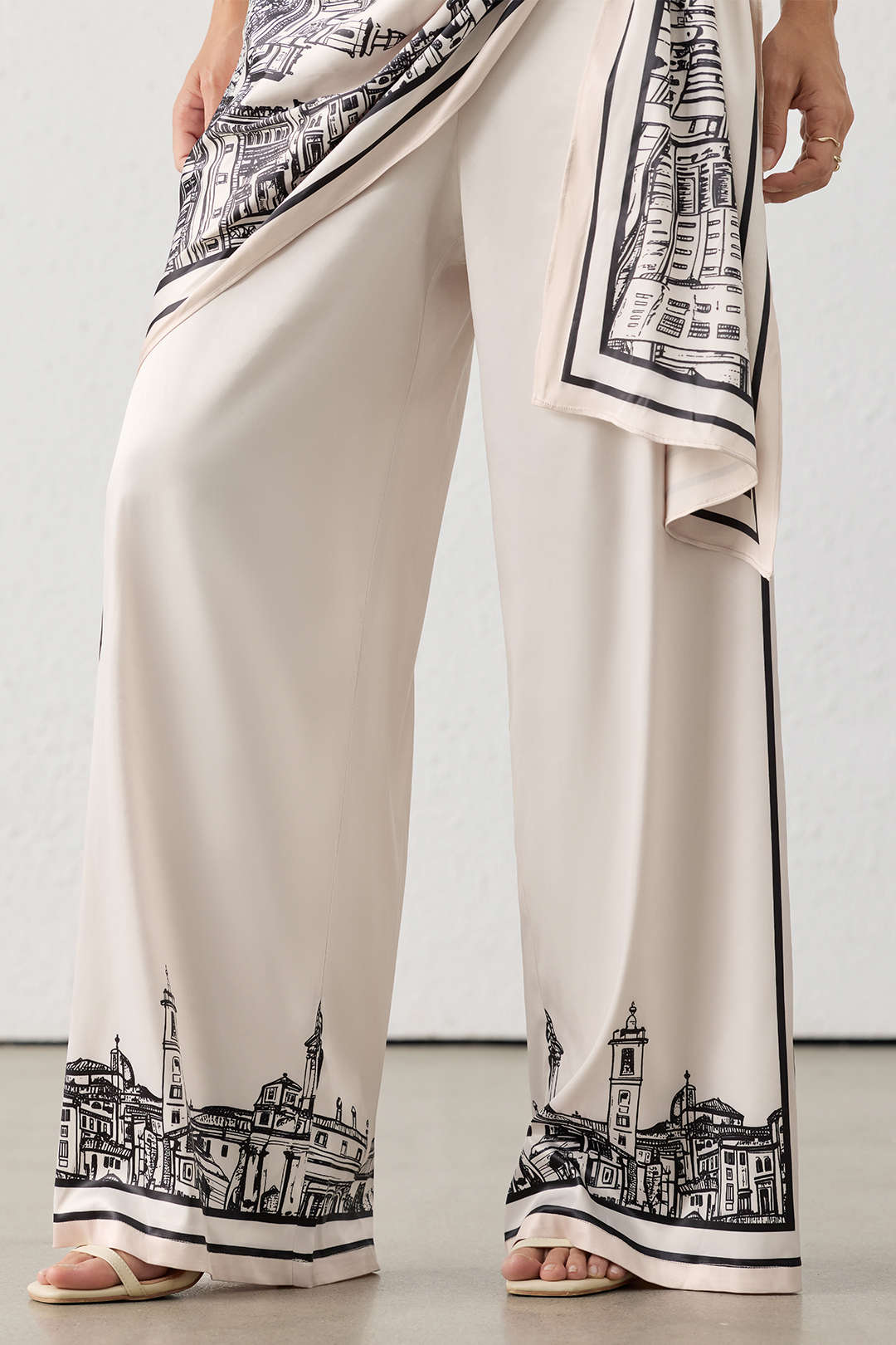 "Artistic Print Satin Ruched Asymmetrical Wide Leg Pants"