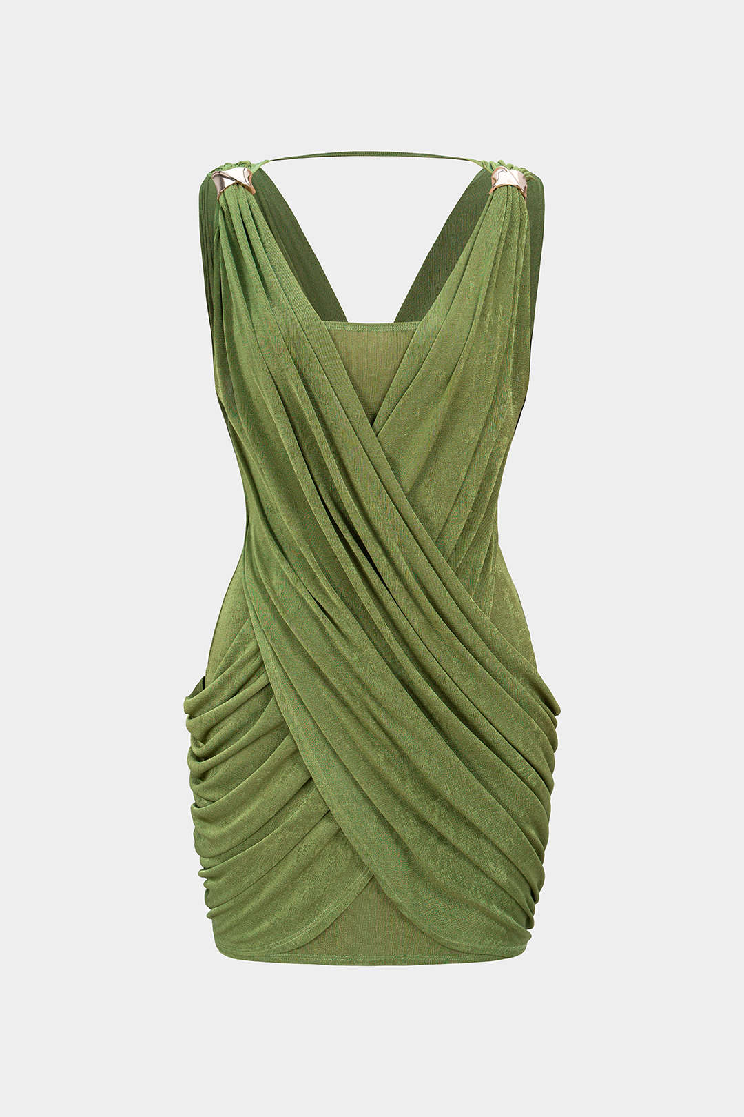 "Crossed V-Neck Ruched Metallic Decor Sleeveless Mini Dress"