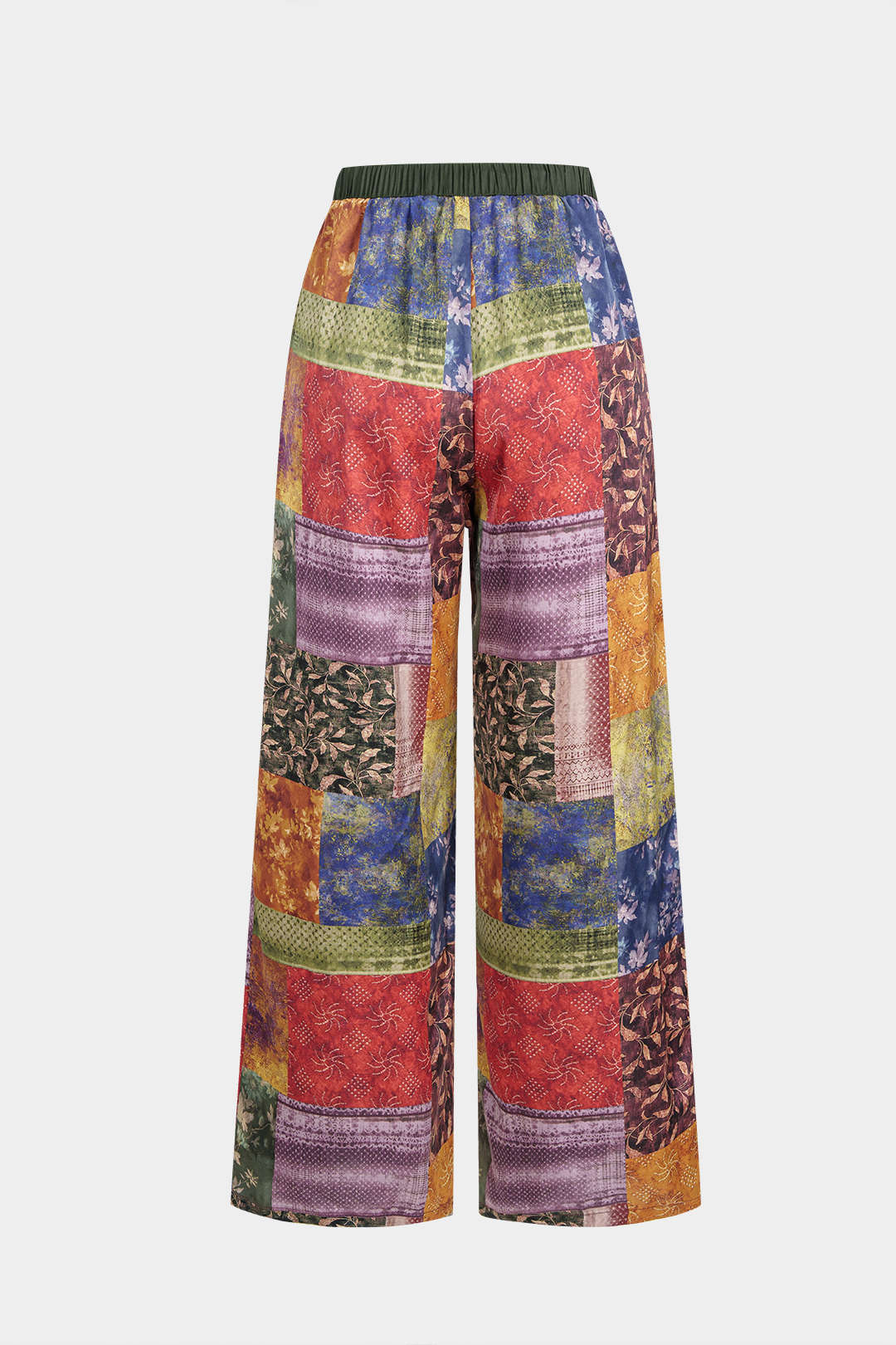 "Abstract Print Satin Shirred Waistband Wide Leg Pants"