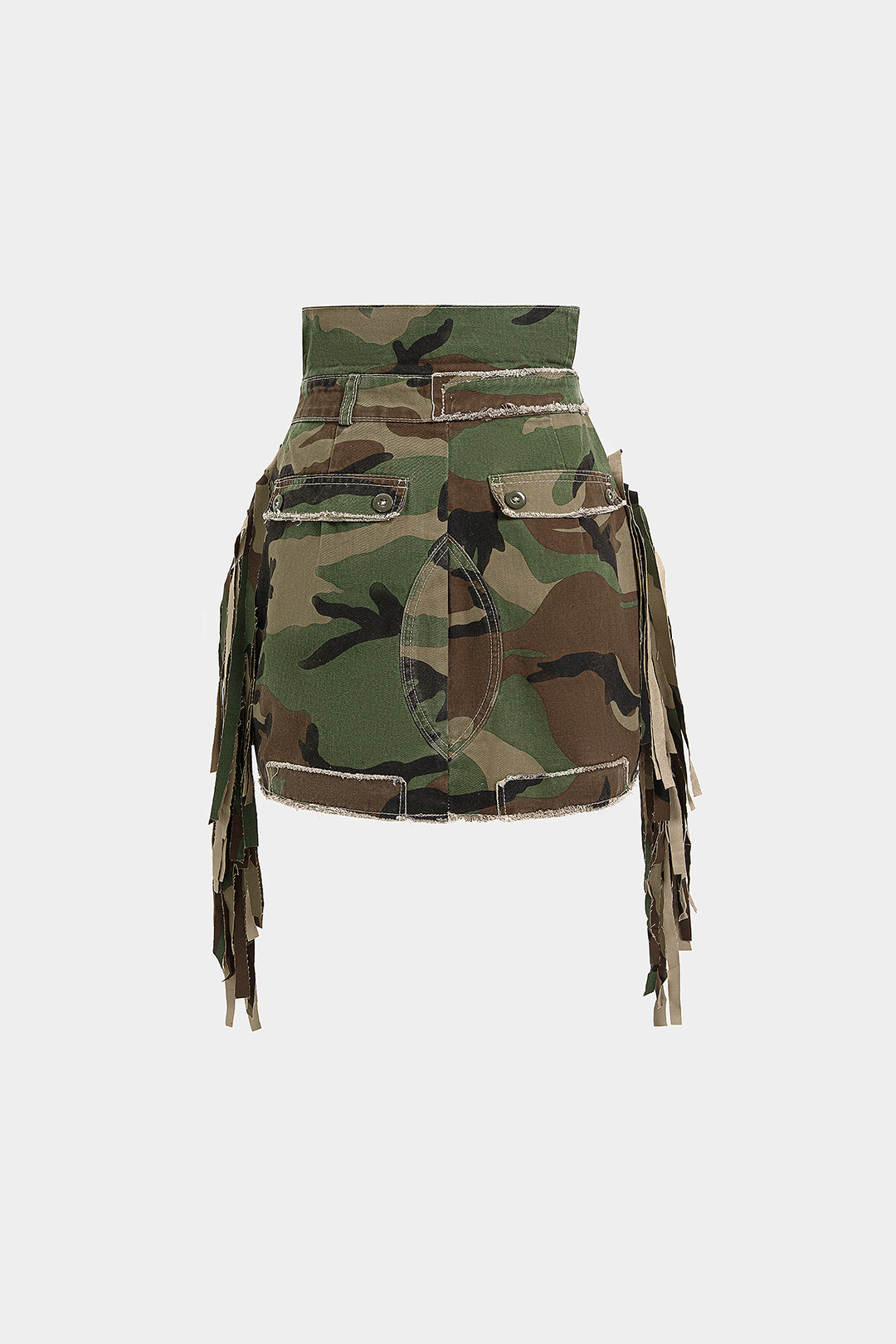 "Camo Frayed Patchwork Fringe Mini Skirt"