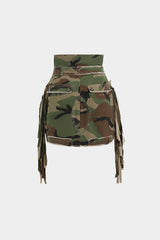 "Camo Frayed Patchwork Fringe Mini Skirt"