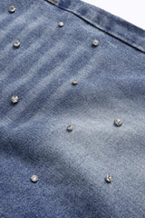 "Denim Drawstring Beads Decor High Waist Wide Leg Jeans"