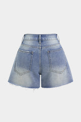 "Denim Frayed Zipper High Waist Shorts"