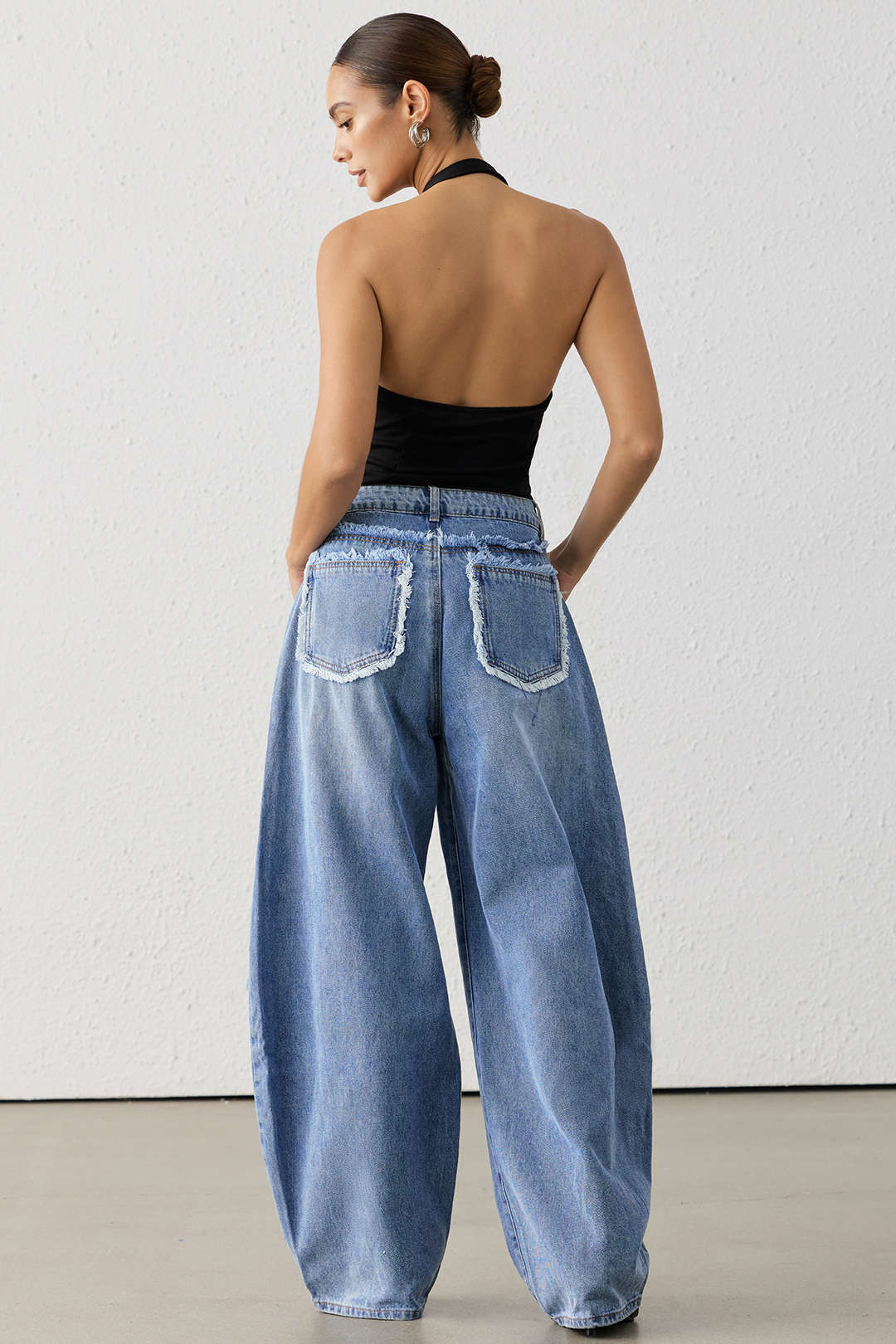 "Denim Frayed Wide Leg Jeans"