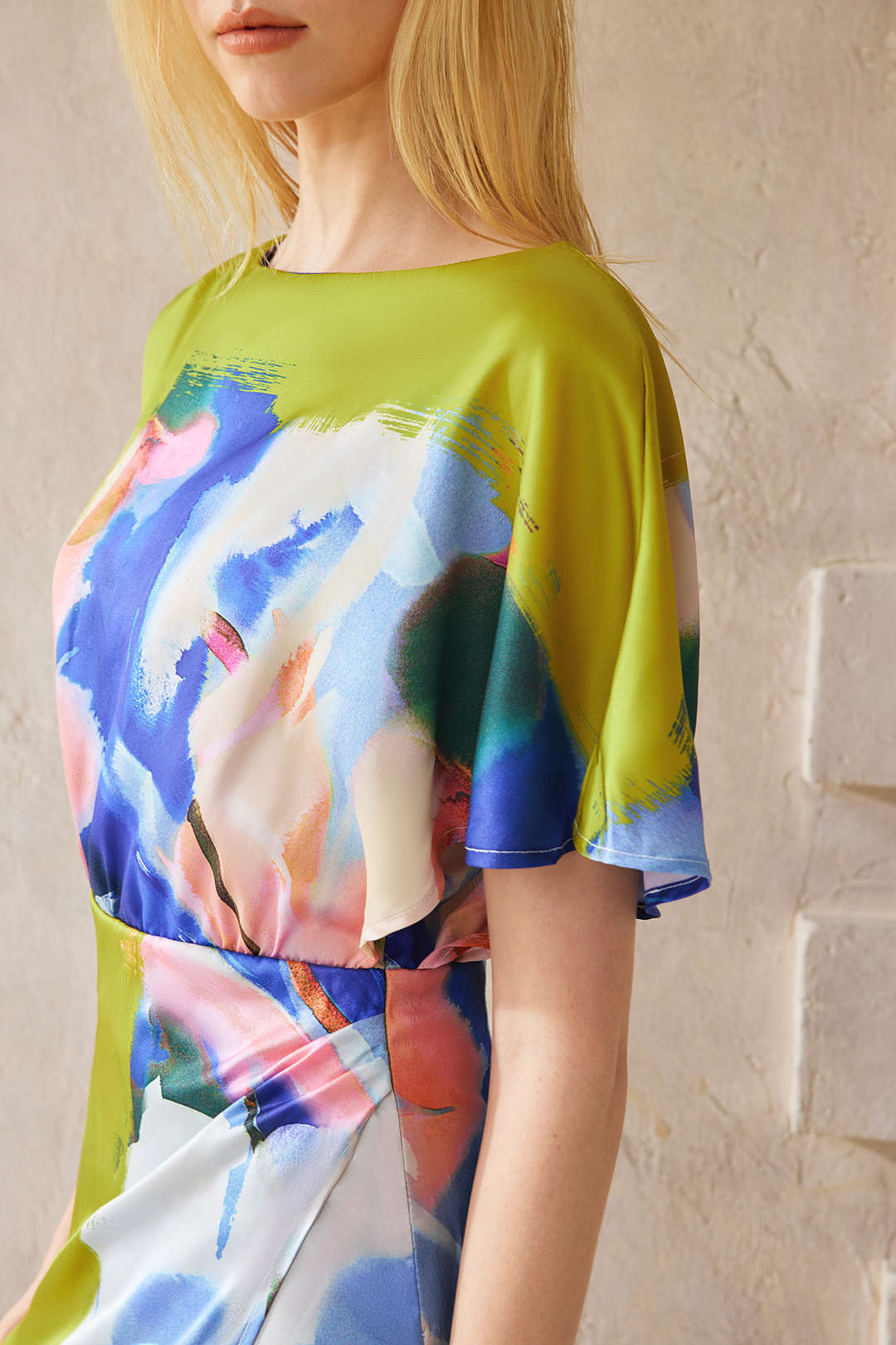 "Abstract Print Satin Asymmetrical Short-Sleeve Maxi Dress"
