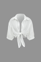 "Chiffon Button Tie-Up Short-Sleeve Shirt"