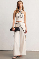 "Contrast Binding Linen Halter Neck Top"