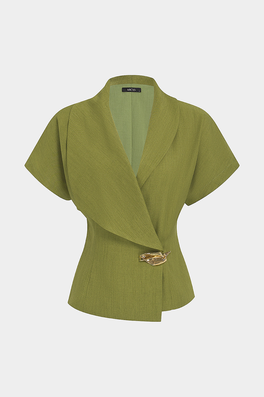 "Asymmetrical Lapel Metallic Button Short-Sleeve Shirt"