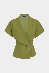 "Asymmetrical Lapel Metallic Button Short-Sleeve Shirt"