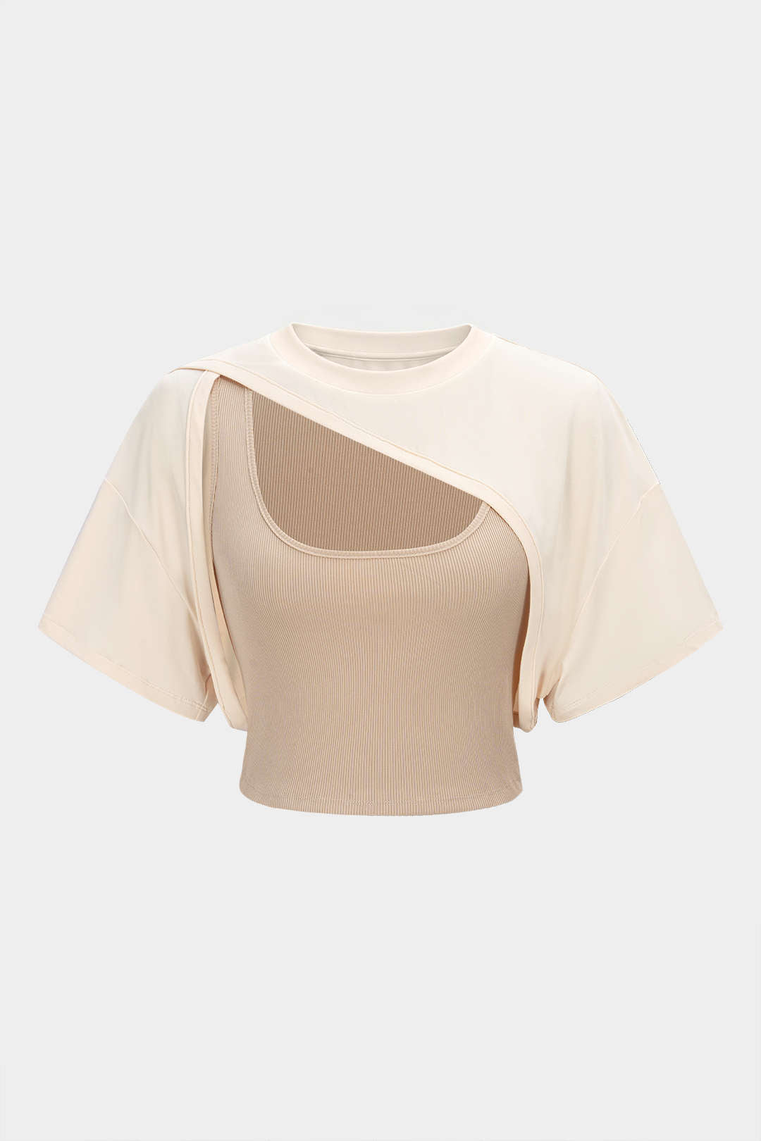 "Contrast Asymmetrical Round Neck Two-Piece Short Sleeve Top"