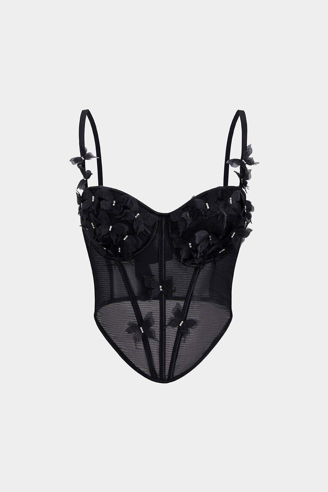 "3D Flower Appliques Sheer Mesh Corset Backless Cami Top"