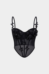 "3D Flower Appliques Sheer Mesh Corset Backless Cami Top"