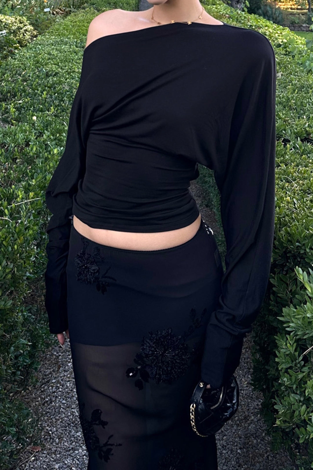 "Cut Out Asymmetrical Neck Ruched Long-Sleeve Top"