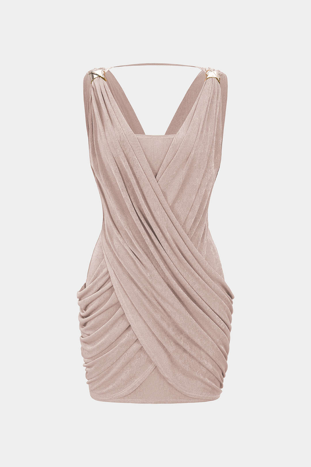 "Crossed V-Neck Ruched Metallic Decor Sleeveless Mini Dress"