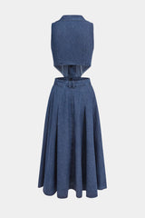 "Denim Button Cut Out Midi Dress"
