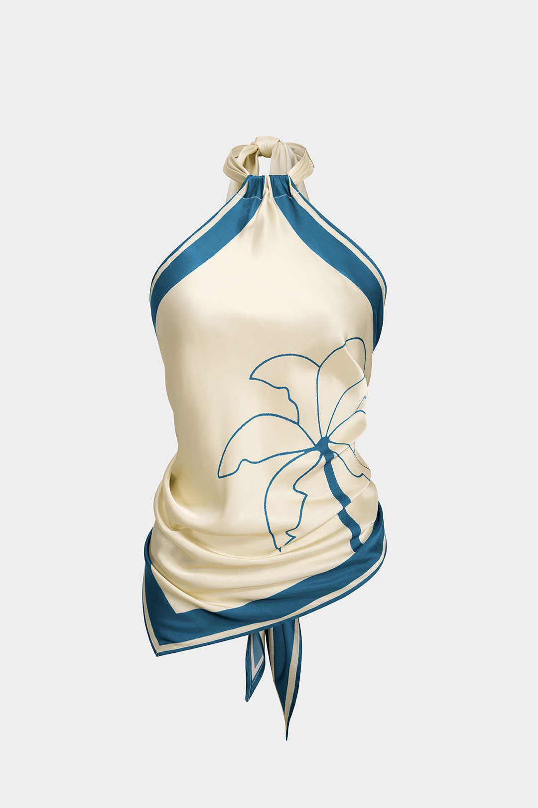 "Contrast Floral Print Satin Halter Neck Tie-Up Backless Tank Top"