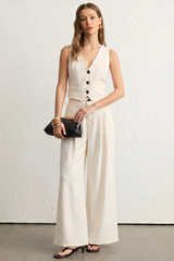"Button V-Neck Vest And Wide-Leg Pants Set"