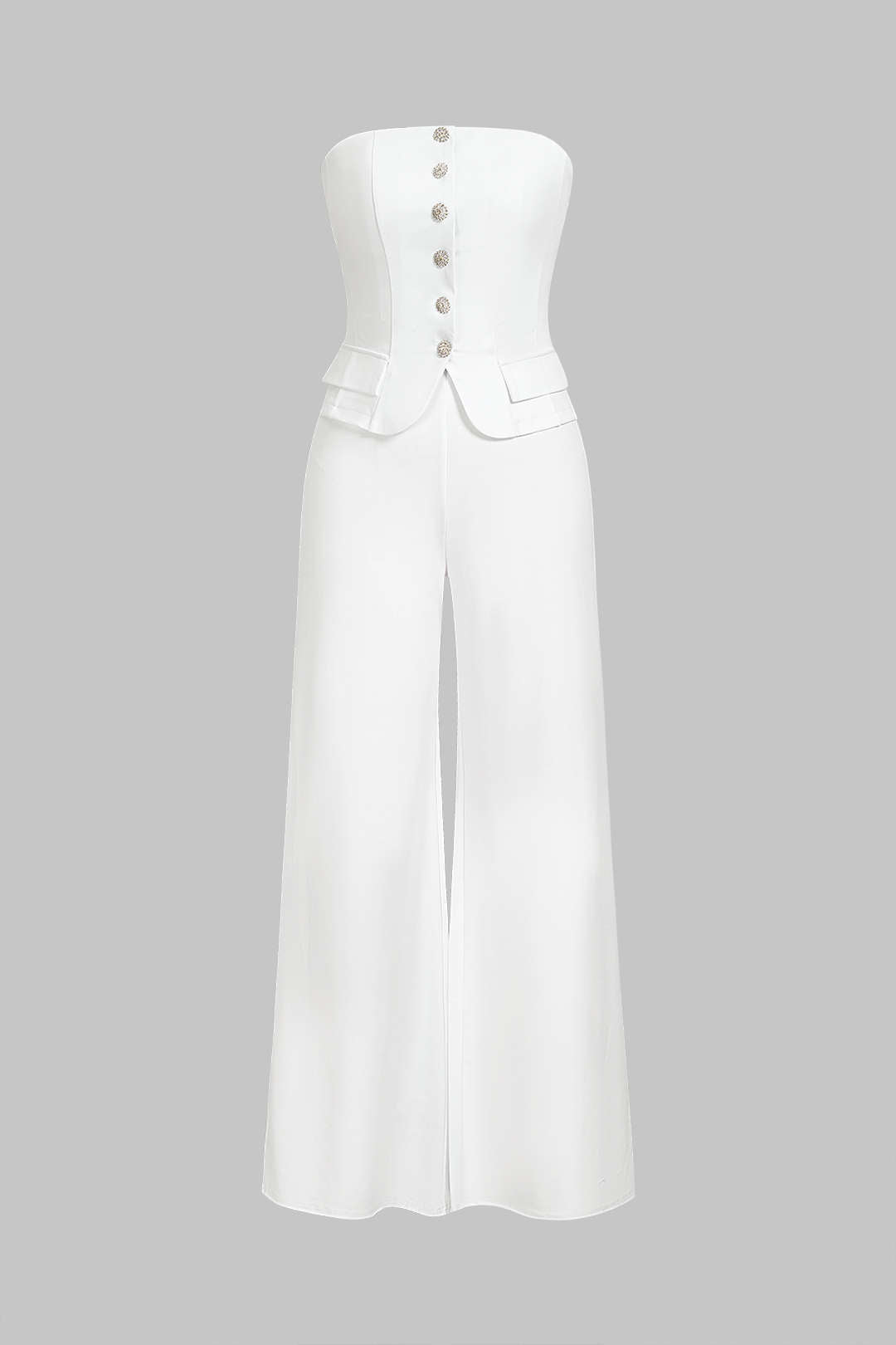 "Button Strapless Sleeveless Wide Leg Jumpsuit"