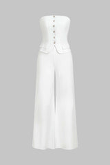 "Button Strapless Sleeveless Wide Leg Jumpsuit"