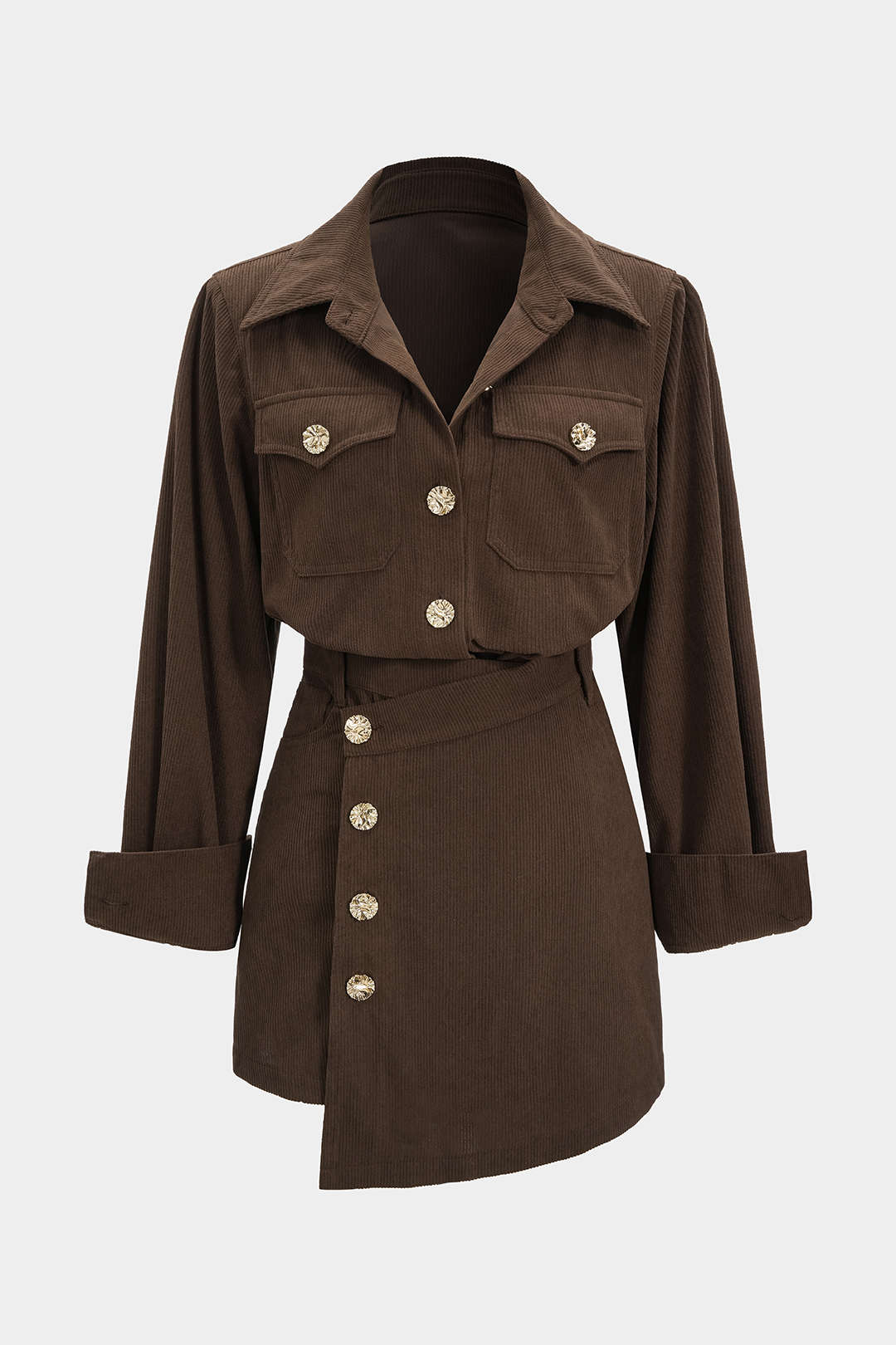 "Corduroy Button Long-Sleeve Shirt And Button Skirt Set"