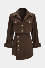 "Corduroy Button Long-Sleeve Shirt And Button Skirt Set"