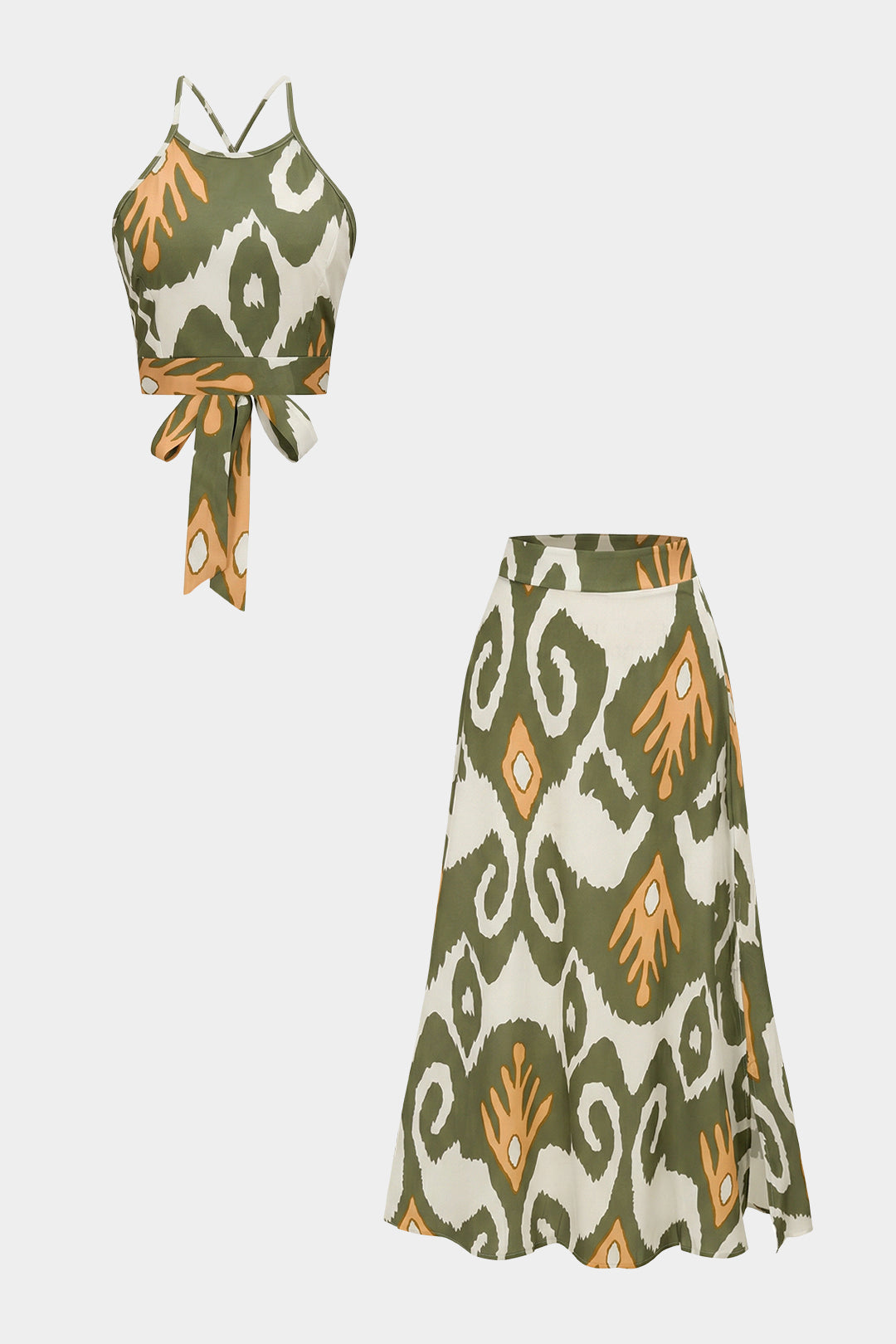 "Abstract Print Satin Crossed Tie Back Cami Top And Skirt Set"