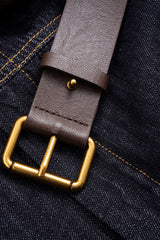 "Denim Faux Leather Patchwork Belted Long-Sleeve Jumpsuit"