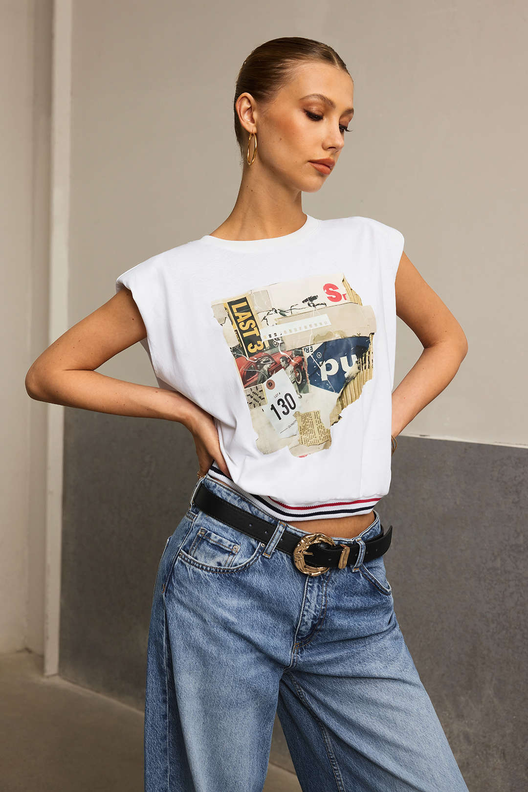 "Car Letter Digital Pattern Print Loose Sleeveless T-Shirt"