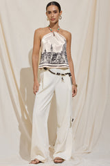"Artistic Print Satin Halter Neck Backless Tie-Up Beaded Top"