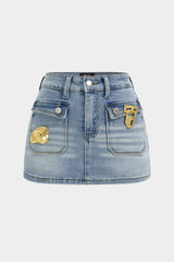 "Denim Metallic Decor Pocket High Waist Shorts"