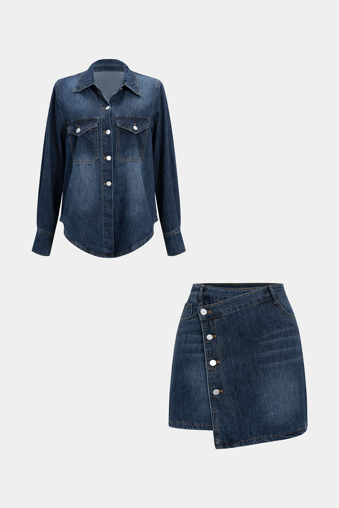"Denim Button Long-Sleeve Top And High Waist Mini Skirt Set"