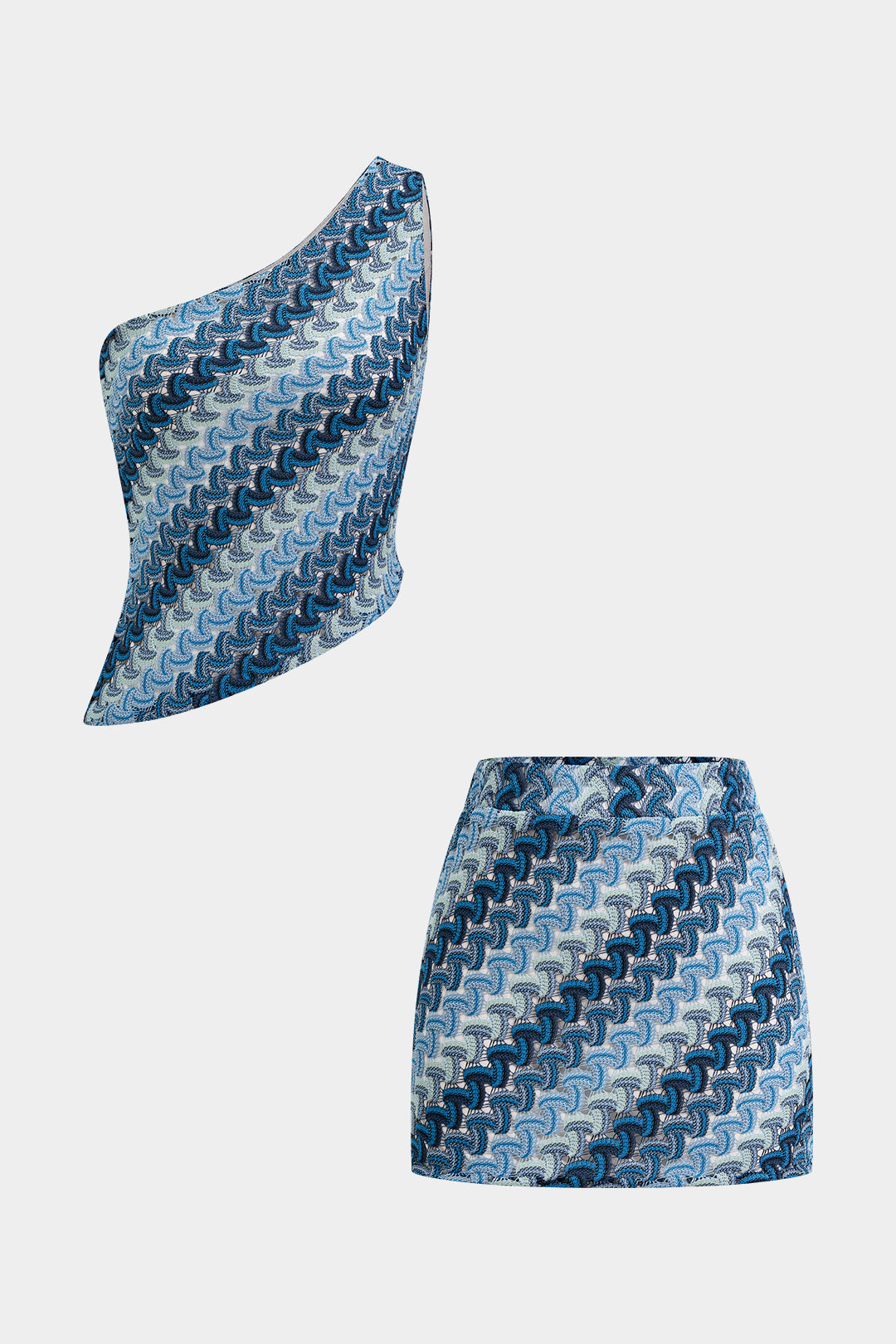 "Color Block Print One Shoulder Tank Top And Skirt Set"