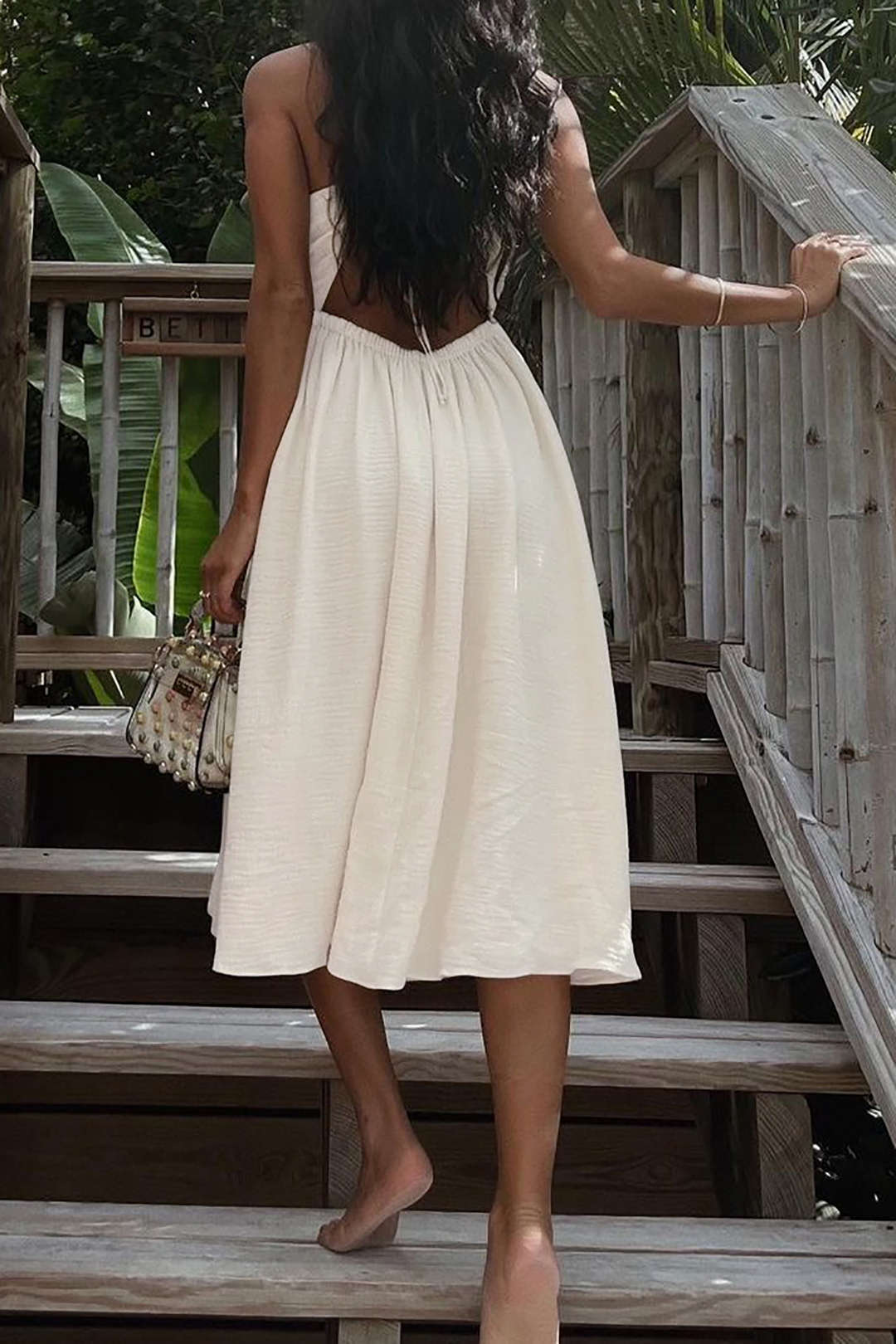 "Backless V-neck Slit Midi Dress"