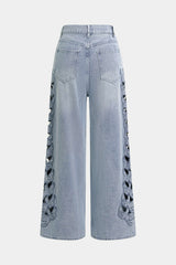 "Denim Cut Out Bird Applique Pocket Jeans"