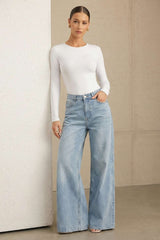 "Basic Solid Round Neck Long Sleeve Top"
