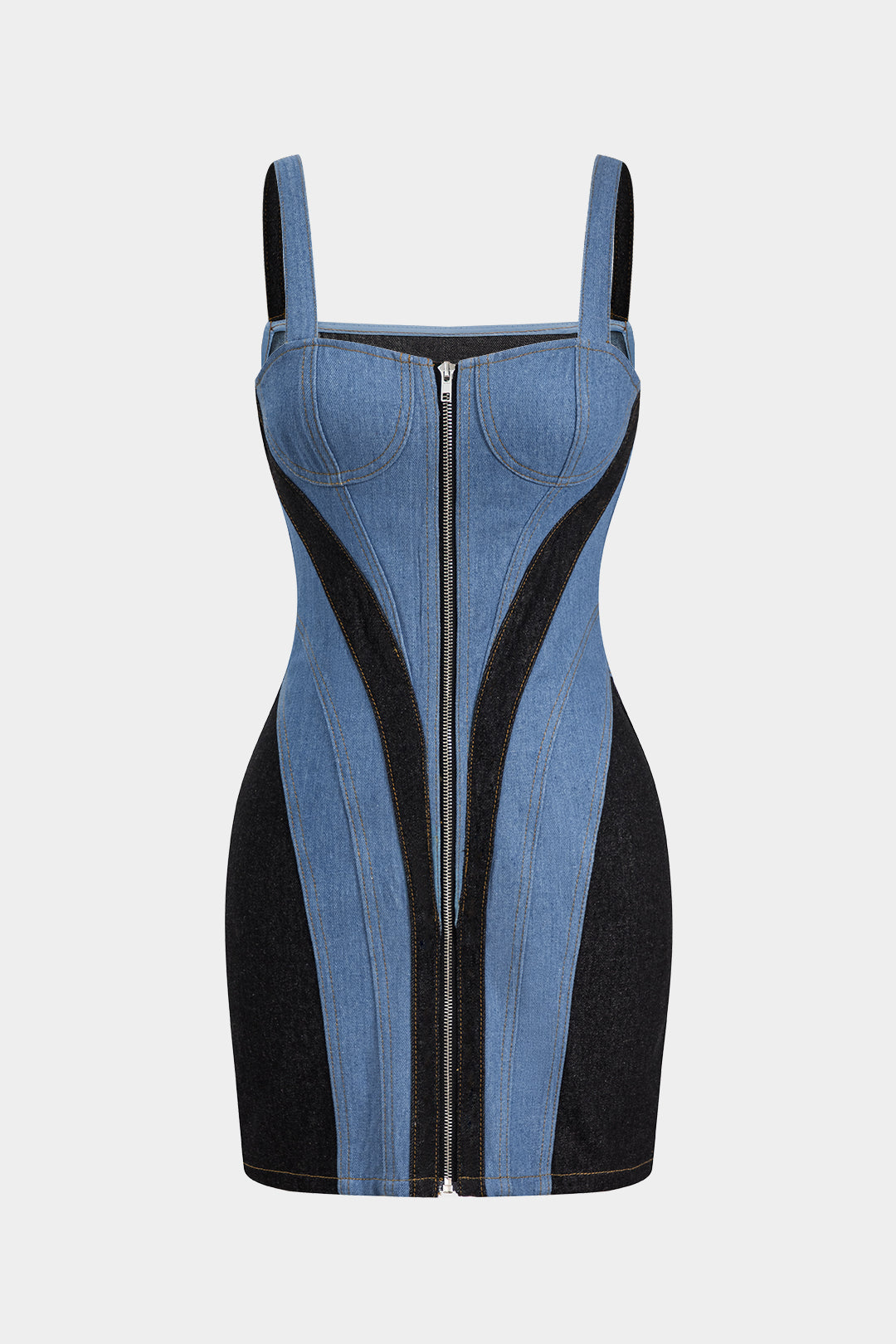 "Contrast Denim Patchwork Zipper Bustier Dress"