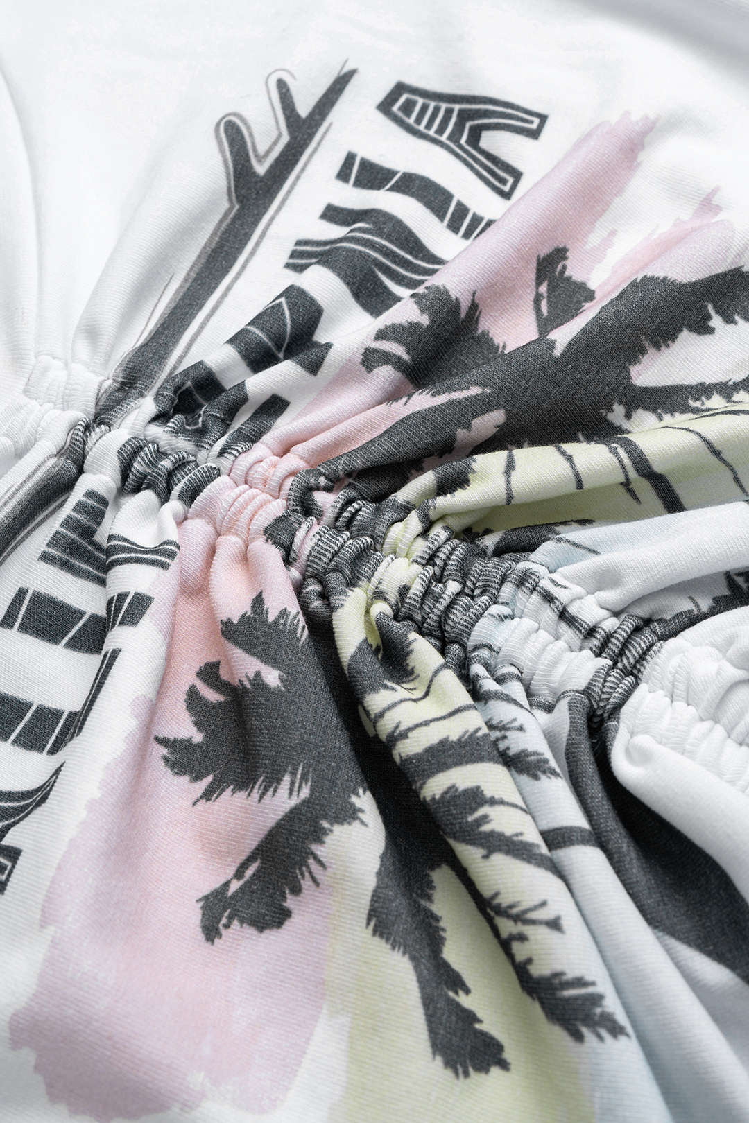 "Coconut Palm Letter Print Round Neck Drawstring Ruched Short Sleeve T-Shirt"