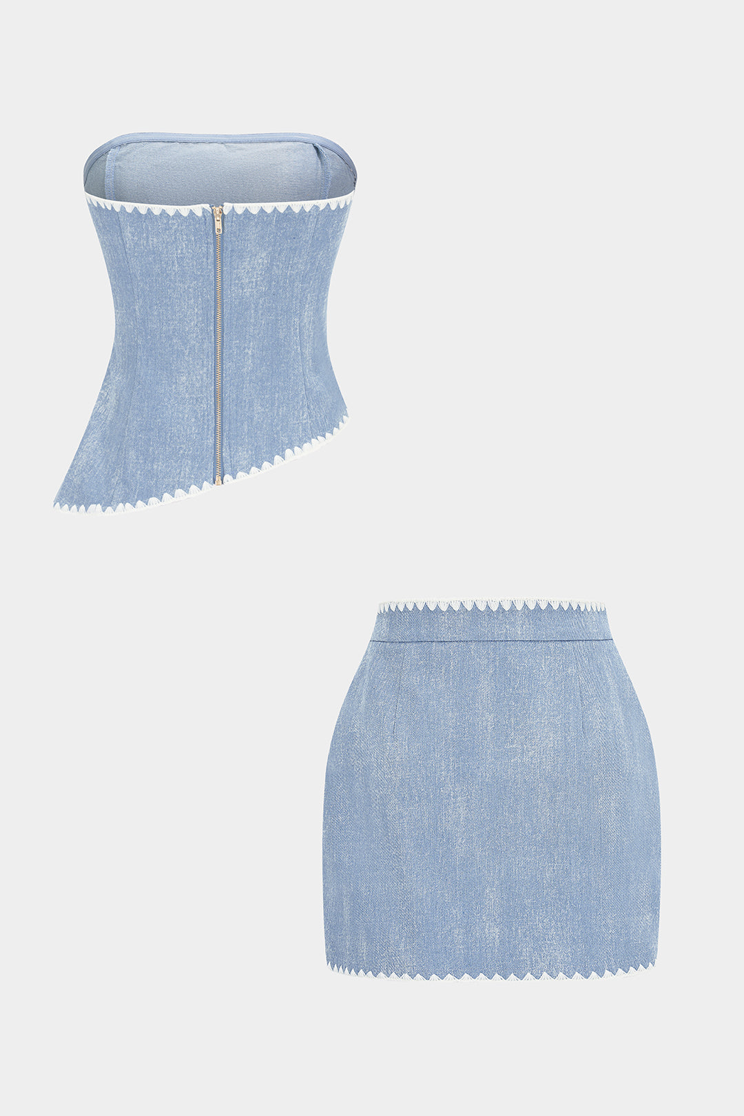 "Denim Contrast Whipstitching Asymmetrical Hem Tube Top And Pocket Skirt Set"