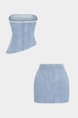 "Denim Contrast Whipstitching Asymmetrical Hem Tube Top And Pocket Skirt Set"