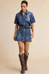 "Denim Button Pocket Belted Short Sleeve Mini Dress"