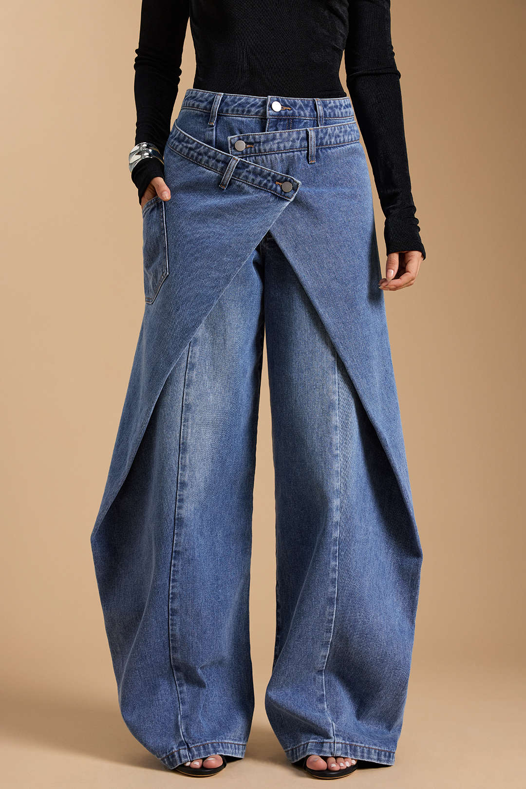 "Denim Asymmetric Button Jeans"