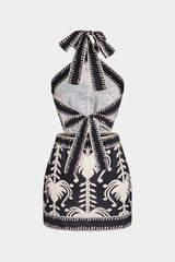 "Coconut Palm Print Linen Crossed Tie-Up Sleeveless Mini Dress"