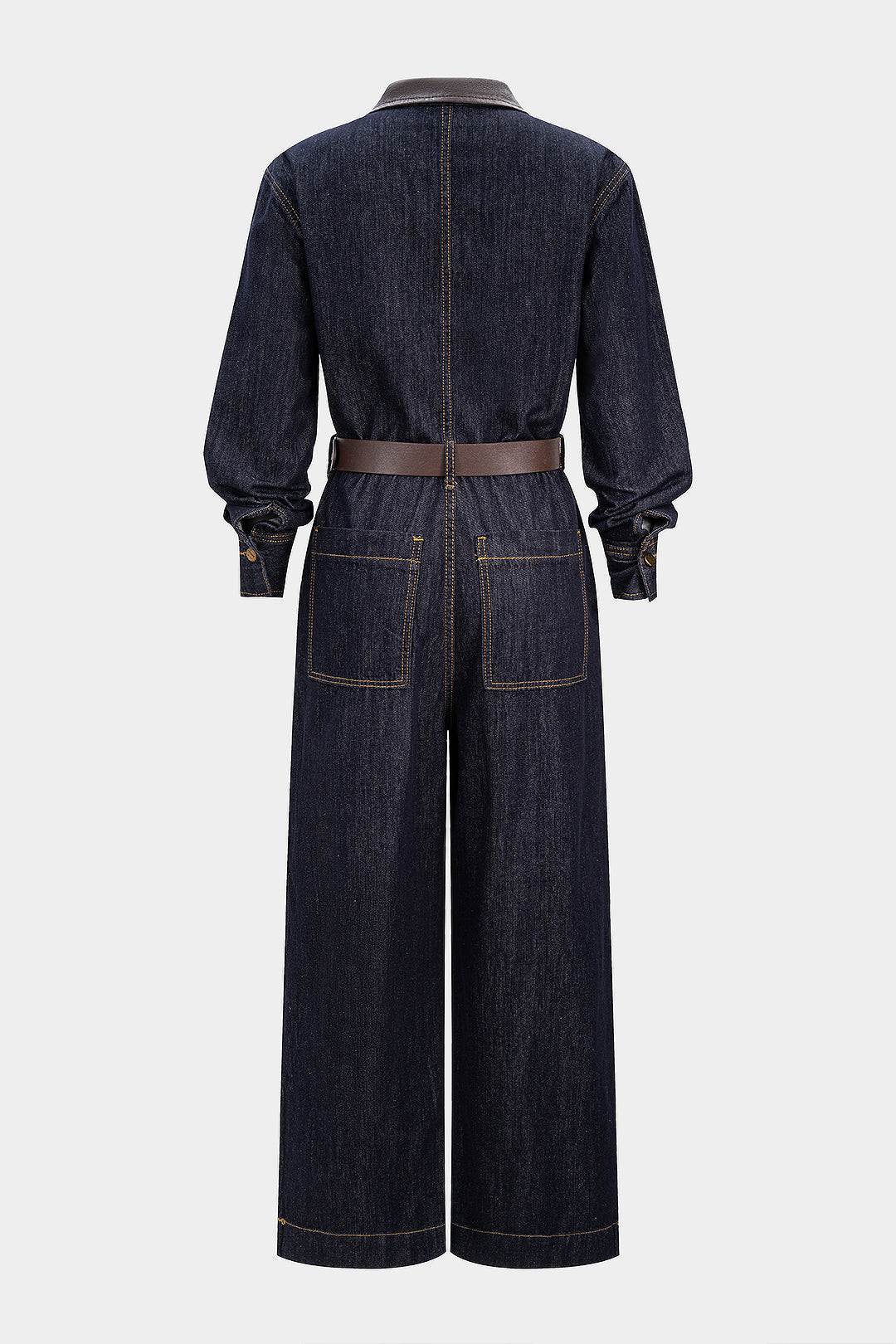 "Denim Faux Leather Patchwork Belted Long-Sleeve Jumpsuit"